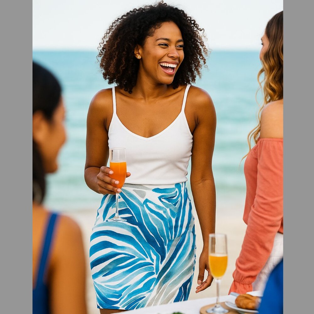 Lafayette 148 Ocean Beach Shore Blue Watercolor Skirt Perfect Brunch Outfit